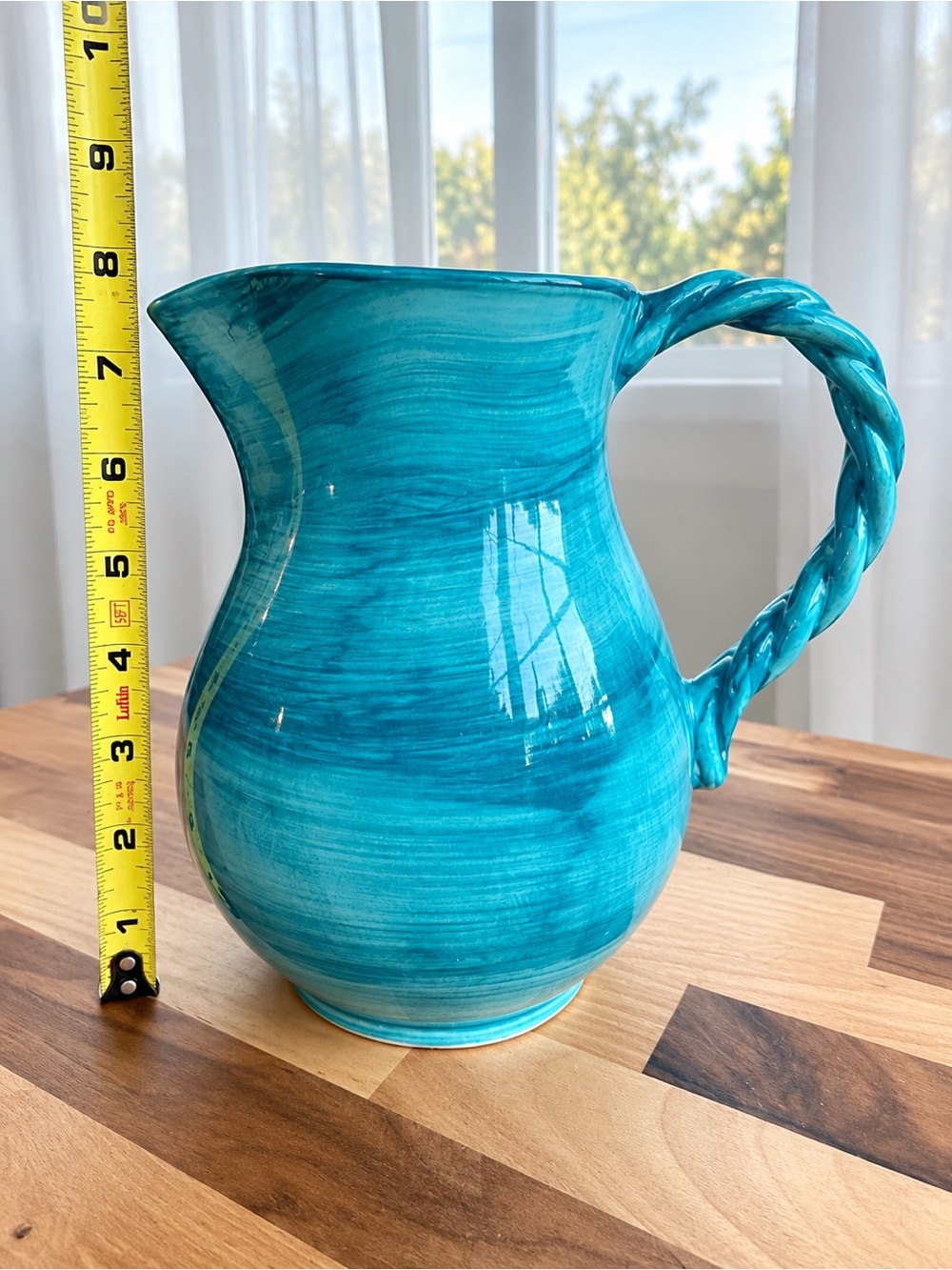 Made in Italy Turquoise Ceramic Pitcher Twisted Rope Handle 8” Art Pottery